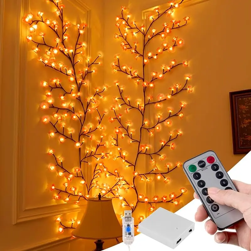Cherry Blossom Vine Lights for Wall, 4FT 48 LED Pink Flower Lighted Willow Vine with Remote, USB or Battery Powered, 8 Lighting Modes, Flexible Branch Wall Lights for Christmas, Bedroom Home Decor