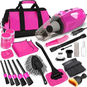 Car Cleaning Kit, Car Vacuum Detailing Kit Interior with High Power Handheld Vacuum, Including 7Pcs Detailing Brush Set, Windshield Cleaner, Pink Car Accessories  Women