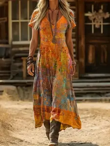 Spring Summer Vintage Bohemian Boho Print Dress V Neck Short Sleeve, Retro Style Casual Wear, Women's Fashion Clothing
