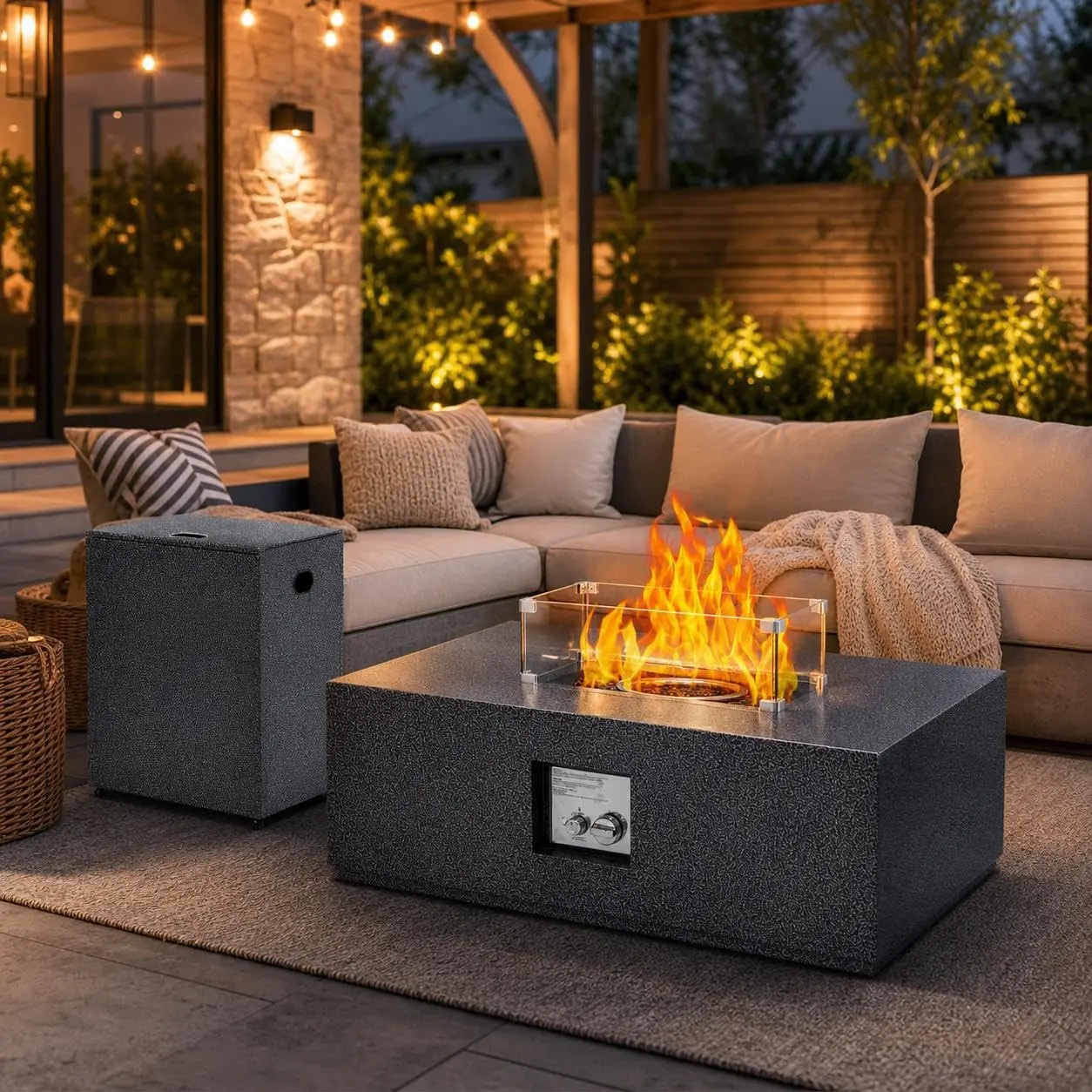 Garvee 36" Propane Fire Pit Table, 48 inch Rectangle Propane Gas Fire Pit Table, 50,000 BTU Modern Firepit with 16 inch Tank Cover Side Table, Wind Guard, Fire Glass, Rain Cover