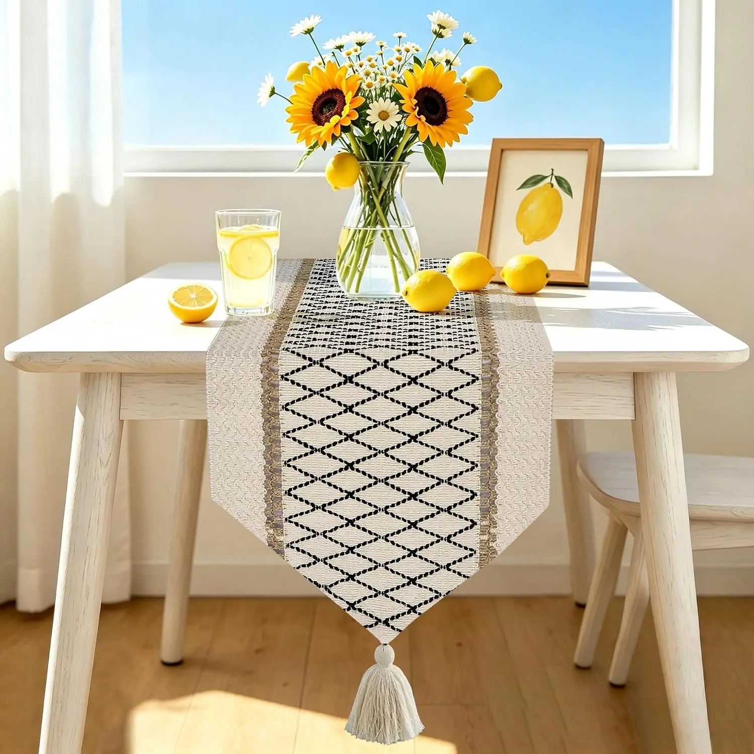 Boho Table Runner Triangular End 12 * 46 Inches, Coffee Table Runner with Tassels, Macrame Dresser Runners Scarf for Bedroom, Nightstand,  Spring Table Decor