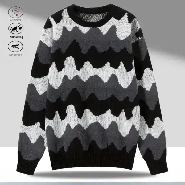 Men's Long Sleeve Fitted Crew Neck Menswear Knitwear Pullover - Polyester Wavy Colorblock Design, Black/Gray/White, Casual Everyday Style, Slimming Easy-to-Match Top, Classic, Sweater, Round Neck, Casual Wear, Clothes, Slim Fitting, Layering Piece, Easy M