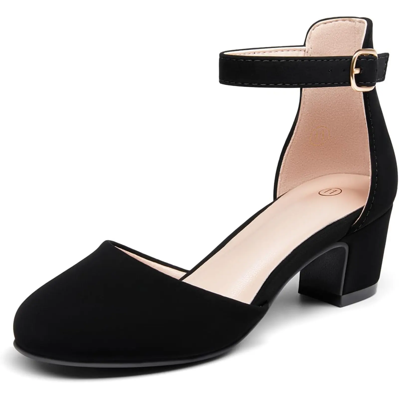 Haloumoning Girls' Closed Toe Synthetic Block Heel Pumps - Low Heel (1-3 cm), Rubber Ankle Strap Princess Shoes for 11-12 Years Old Wedding Parties, Block Heels