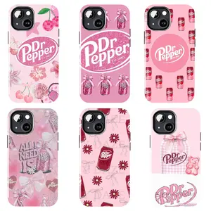 Dr Pepper Coquette Pink Hard Case, featuring a glittery logo, bow, cherry blossom, bear, and plaid print. This durable, shockproof case is compatible with iPhone 11–17 Pro Max/Plus series and Samsung Galaxy S23–S25 series.