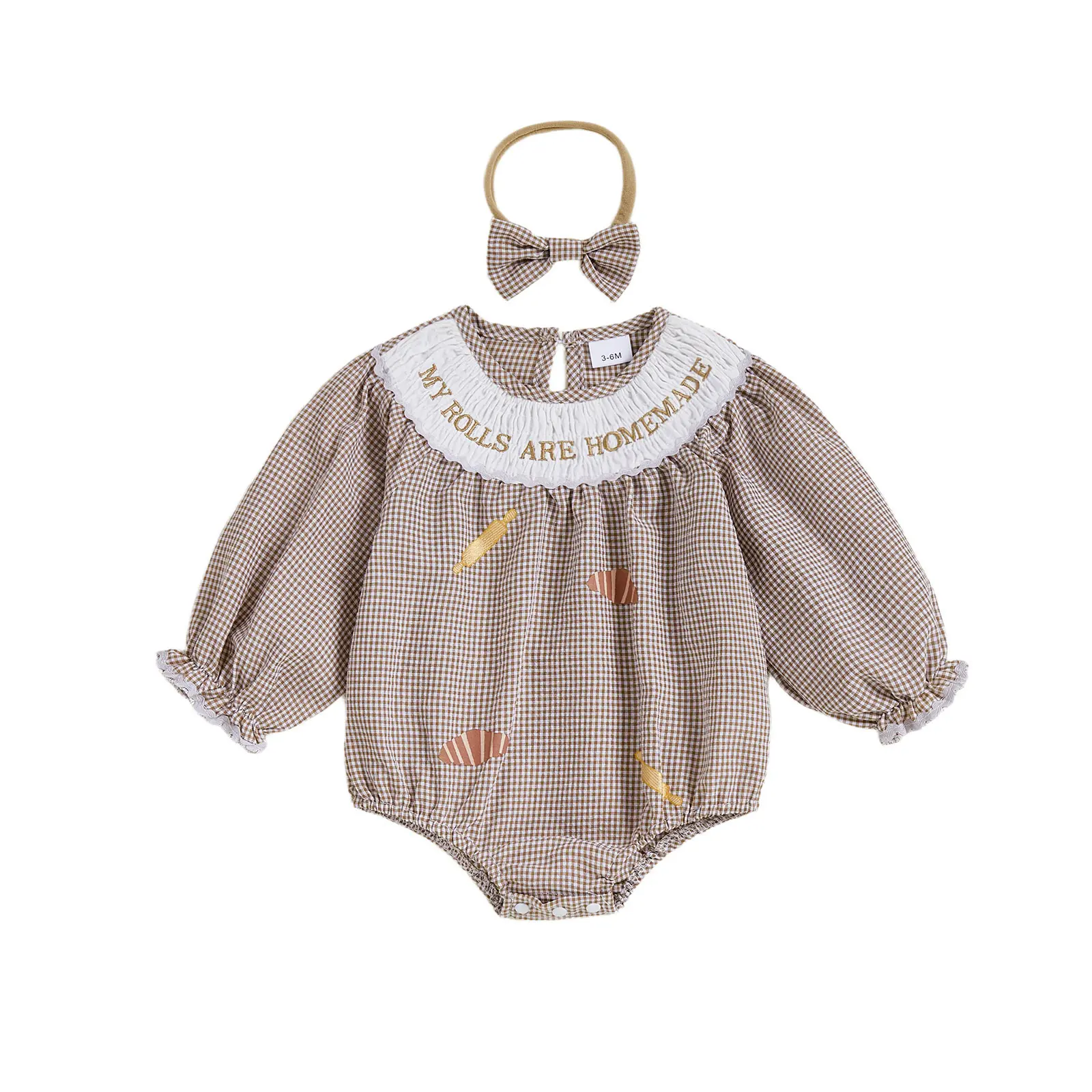 Newborn Baby Girl Thanksgiving Outfit My Rolls are Homemade Letter Embroidery Onesie Bread Smocked Bubble Romper Plaid Bodysuit Headband Fall Clothes
