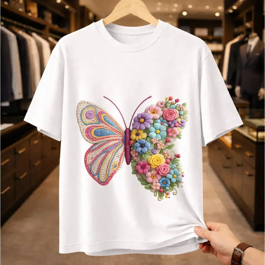 Vintage Butterfly Floral Graphic T-Shirt, Unisex Loose-Fitting Cotton Tee with Faux Embroidery, Crew Neck Top, S, 2Xl, All Over Print, Machine Washable, Do Not Bleach, Tumble Dry