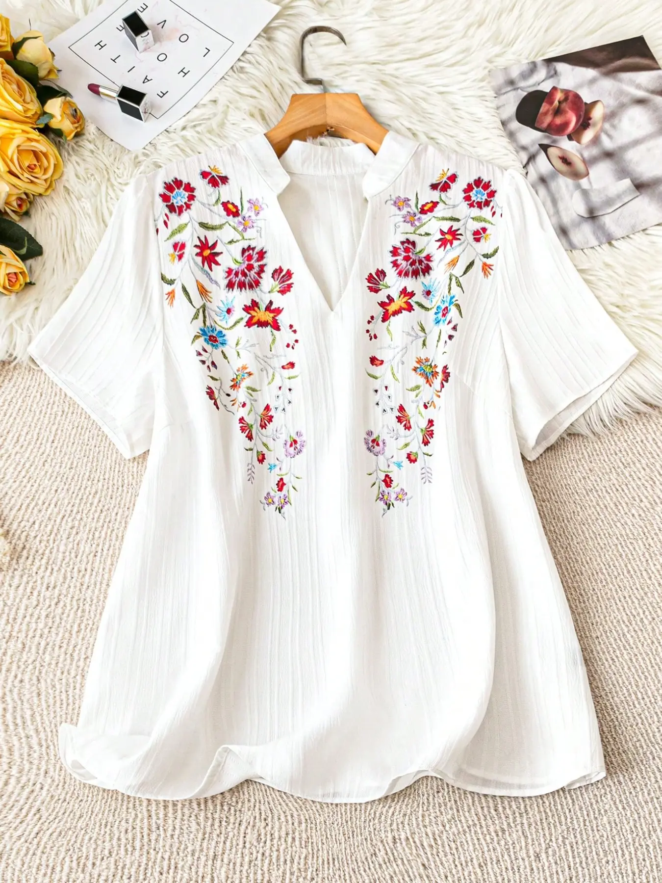 V Neck Solid Color Short Sleeve Casual Embroidered Shirt, Stylish and Comfortable Design, Perfect for Daily Wear