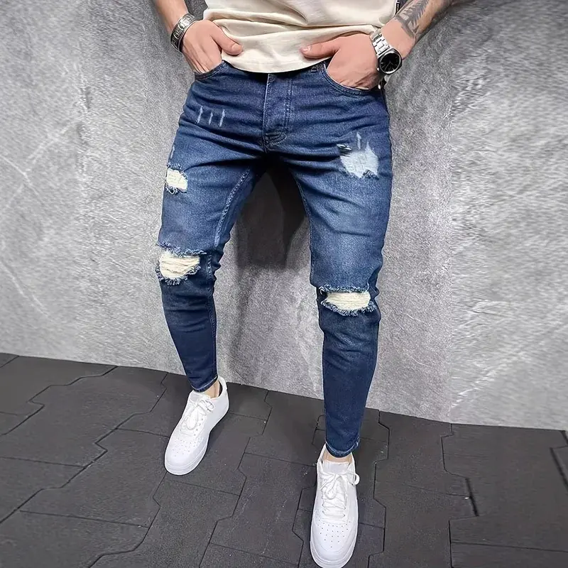 Elastic Slim Fit Men's Jeans High Waist Zipper Casual Low Waist Cross Pants Fashionable Trendy Long Pants Copper Ripped