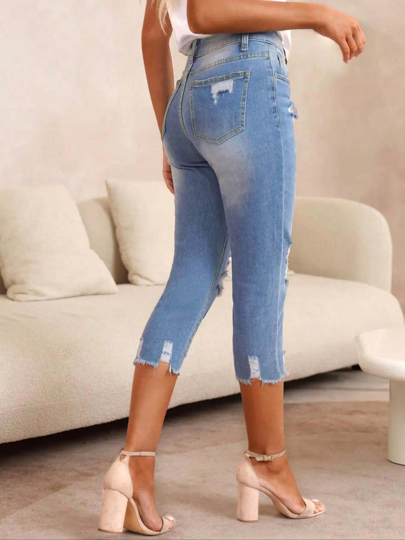 Women's Plain Ripped Raw Hem Skinny Jeans, Casual Pocket Button Cropped Capris Denim Pants for Summer, Capri Pants, Fashion Women's Denim for Daily Wear