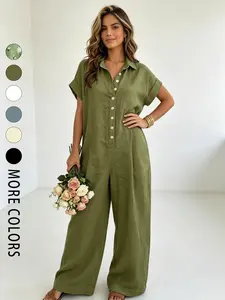 A lady's fashion Casual French lazy-fit jumpsuit with a loose button-up design, featuring slimming wide-leg style. Perfect for summer, suitable for light social occasions, afternoon tea, vacation trips, commuting, and at-home wear Womenswear