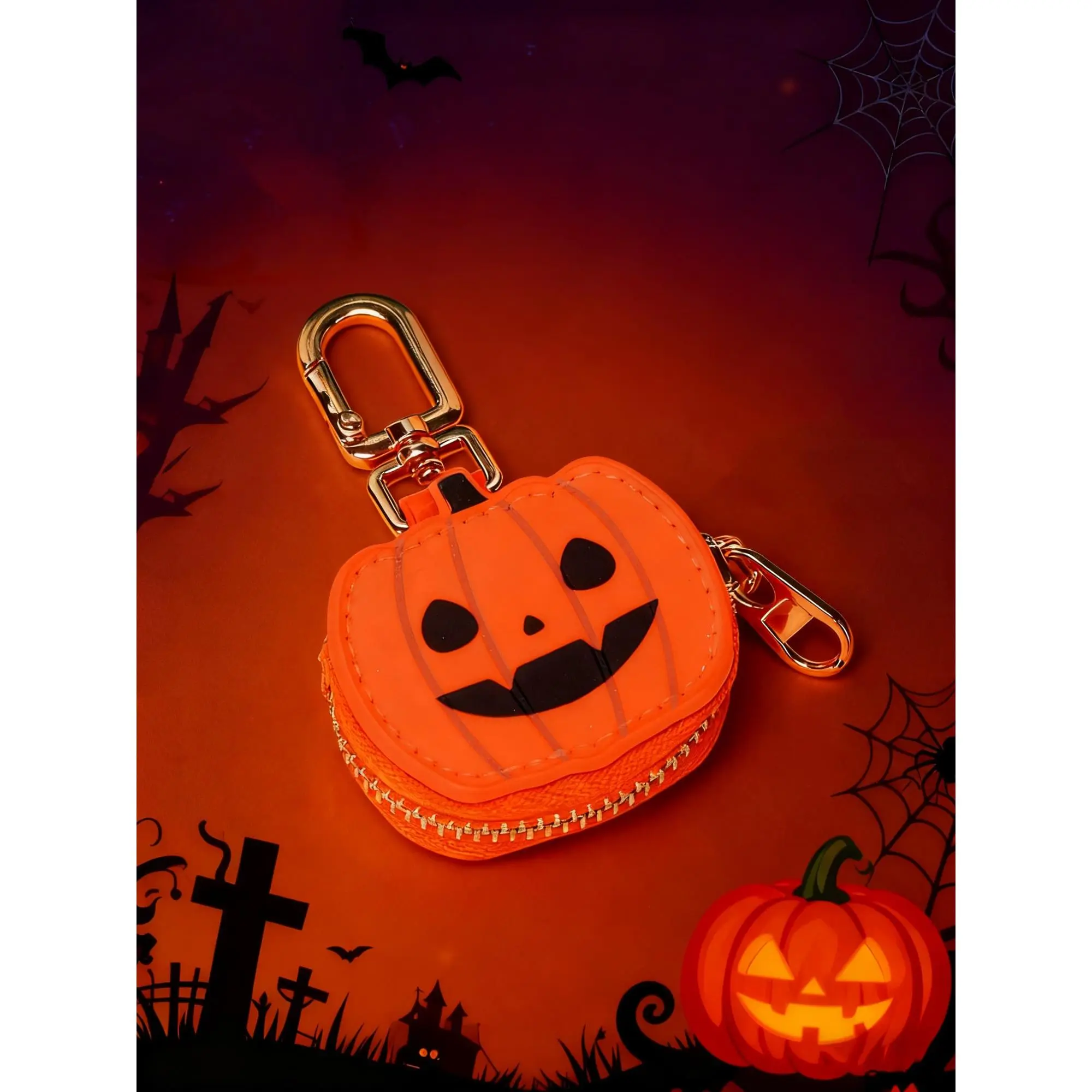 Halloween Coin Purse Keychain Wallet, Cute Mini Zipper Pumpkin Wallet with Spider Web Design, Small Keychain Purse for Women & Girls, Halloween Candy Bag, Spooky Fall Gift Accessory, Graphic, Cute Keychains