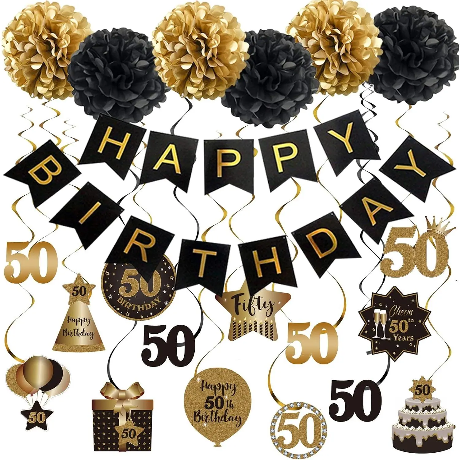Happy 50th Birthday  Swirls Streamers Decoration Set, Happy Birthday Banner with Tissue Pompoms, Black and  50  Birthday Party  Backdrop Decorations