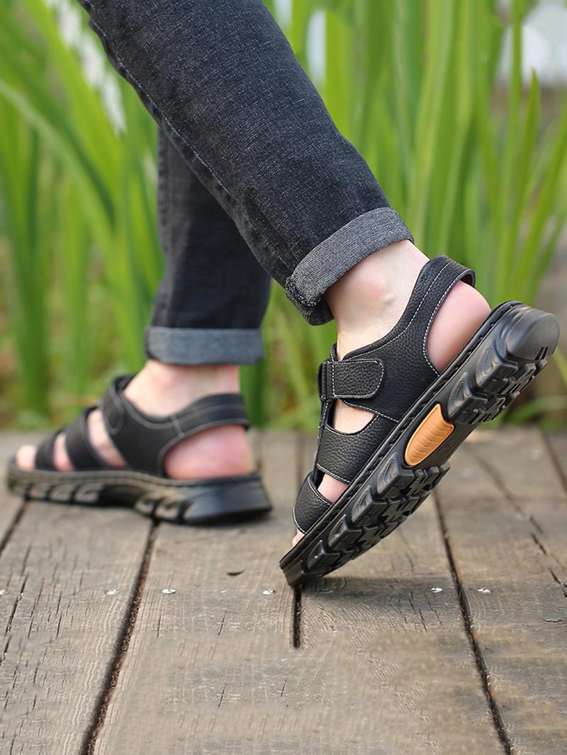 Men's Casual Plain Velcro Sandals, 2024 Fashionable Summer New Open Toe Sandals for Summer, Lightweight Breathable Comfortable Shoes for Daily Wear