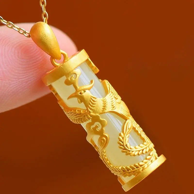 Women's Natural Jade Dragon Phoenix Charm Pendant Necklace, Luxury Artificial Gemstone Jewelry, Dragon Artificial Gemstone Necklaces & Pendants, Lucky Talisman Gift Choice, Luxury Stone