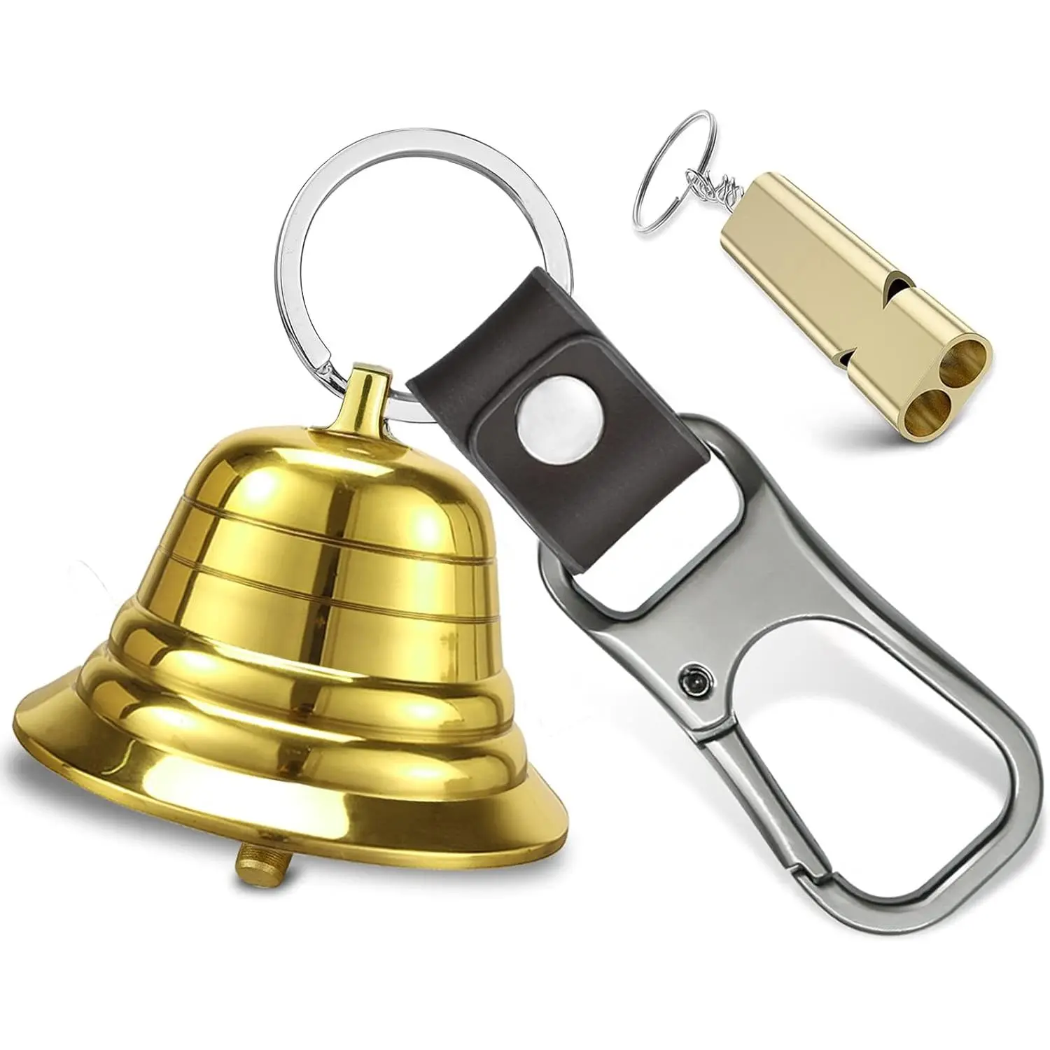 2-in Solid Brass Bear Bells with Whistle Set Pack - 3-in-1 Outdoor Gear with Silencer, 120db Loudness Alarm, Carabiner Clip, Snap Hook for Hikers, Survival Bear Deterrence