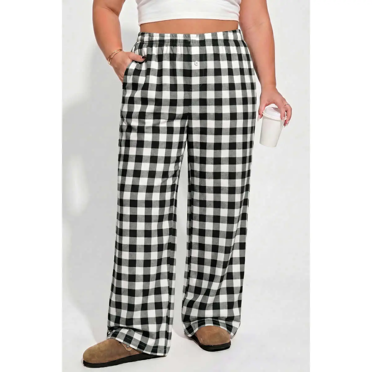 Elegant Plaid Shift Cut Trousers for Plus Size, Full Length Regular Fit Style with Elastic Waist and Side Pockets, Bottom, Comfortable, Plaid Pants, Checkered Pants, Women, Pocketed, Lady, 3X, Casual Shift Silhouette, Classic Pants