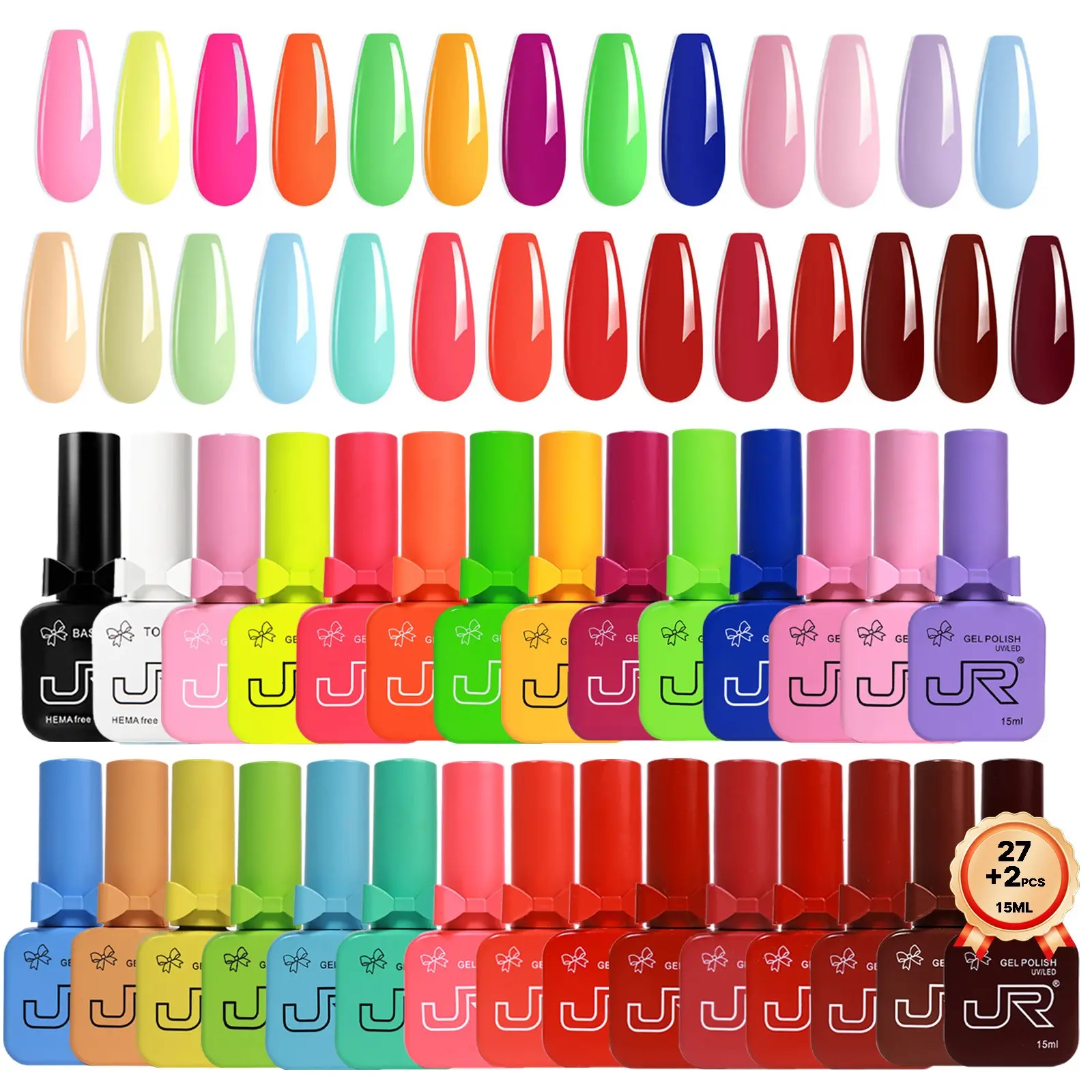JR 27colors With Top Coat and Base Coat 15ml TPO and Hema Free gel polish kit Novice suit Gel Nail Polish Set - Long Lasting Non-Toxic Soak Off UV LED Cured Salon & Home Manicure Kit for beginners women