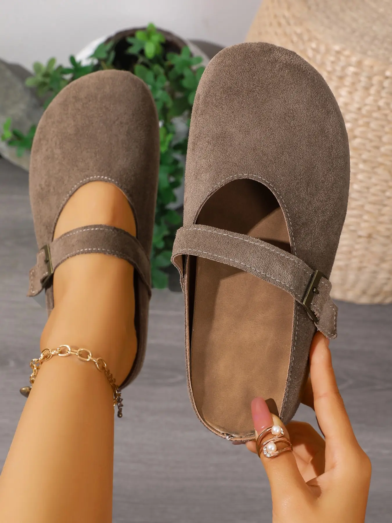 Soft Velvet Mary Jane Streetwear Mules, Round Toe Buckle Design, Multiple Colors Available, Flat Comfortable Sole, Retro Lazy Style, Slip-On Daily Wear, Shoes Mules