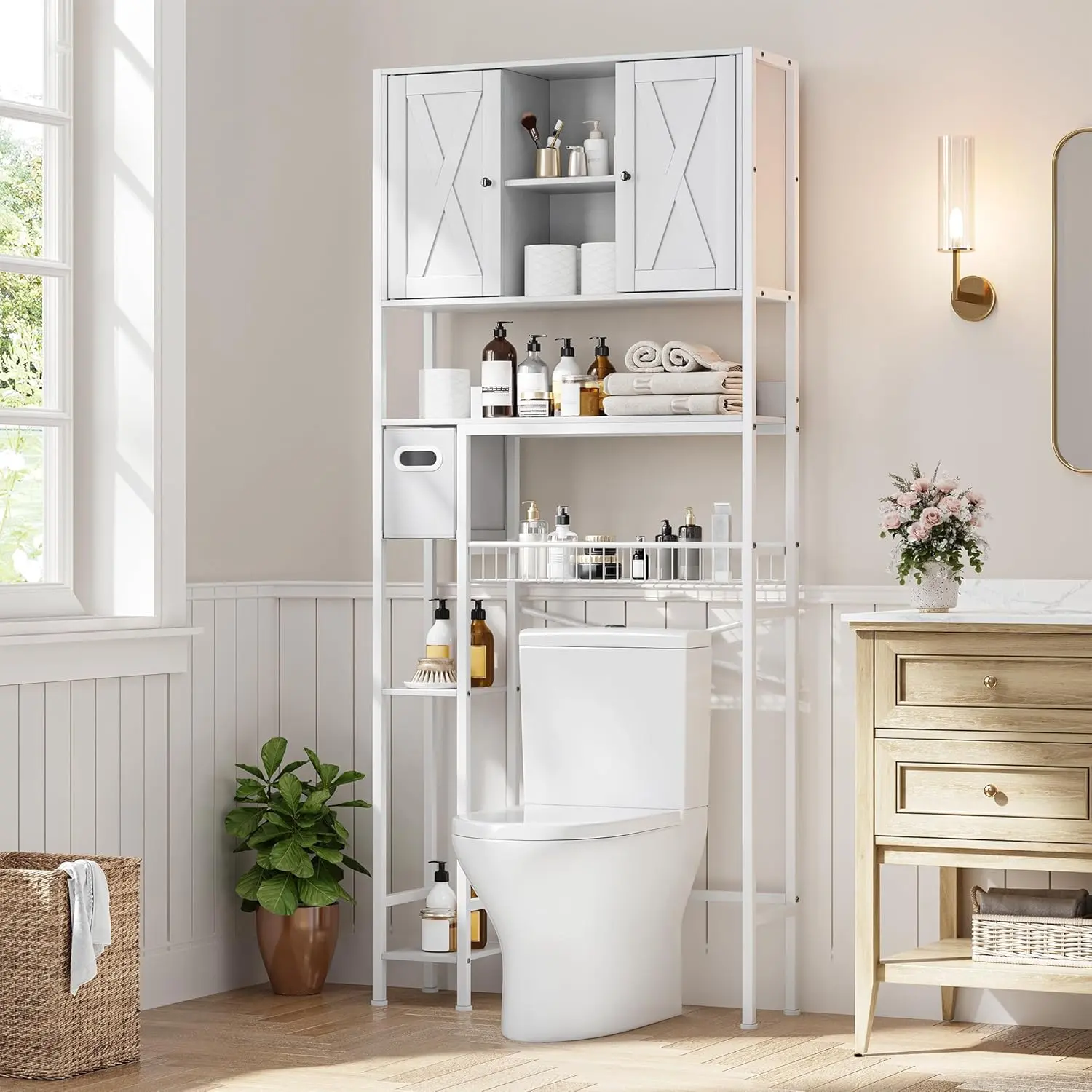 Over The Toilet Storage Cabinet - 2-Door Design Bathroom Organizers Shelf, Freestanding Space-Saver Above Toilet Storage Cabinet with Toilet Paper Holder, Water-Resistant Toilet Shelves