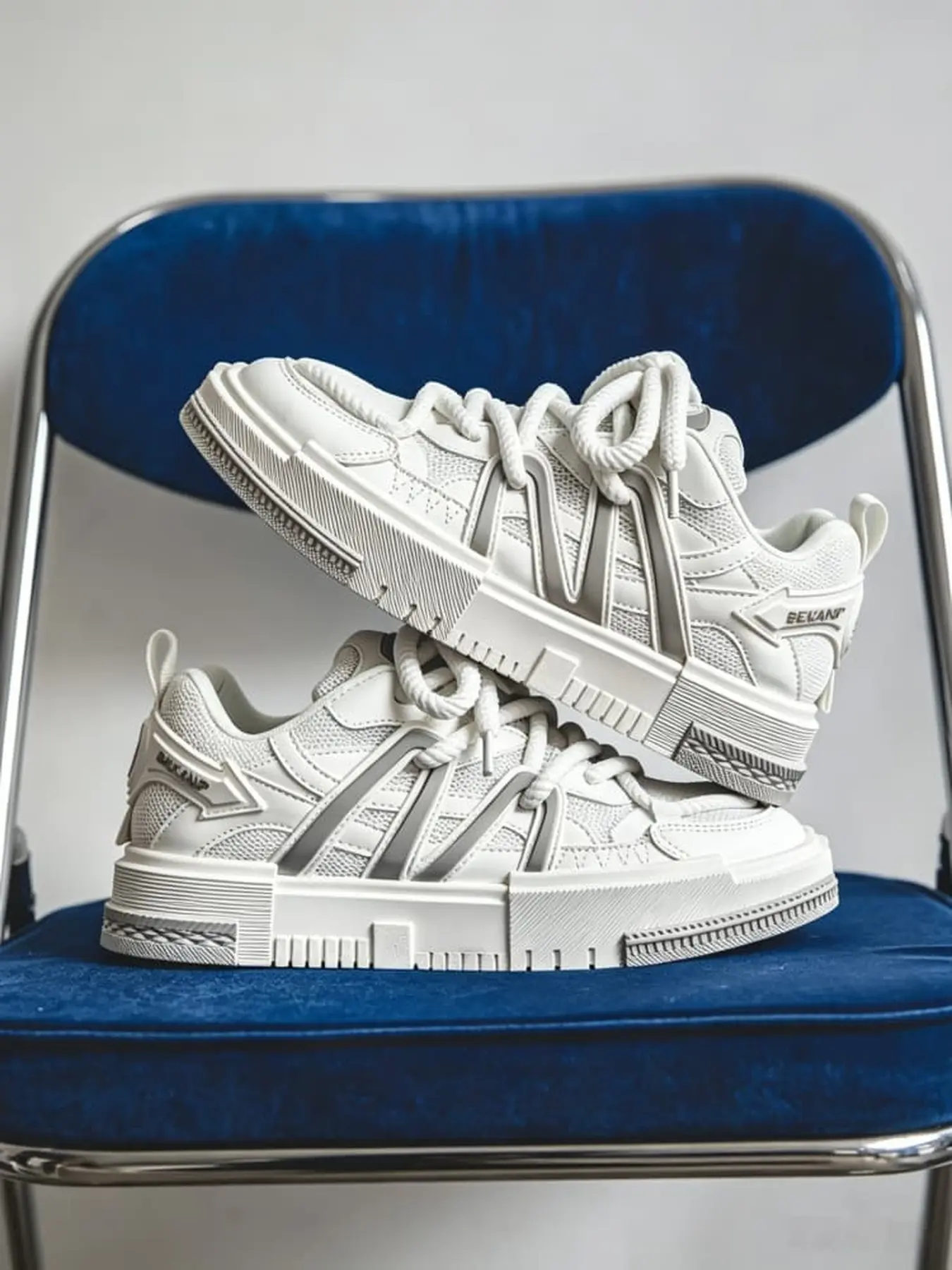 Men retro platform trainers with thick twisted laces, mesh splice segmented serrated grip sole American commute street footwear