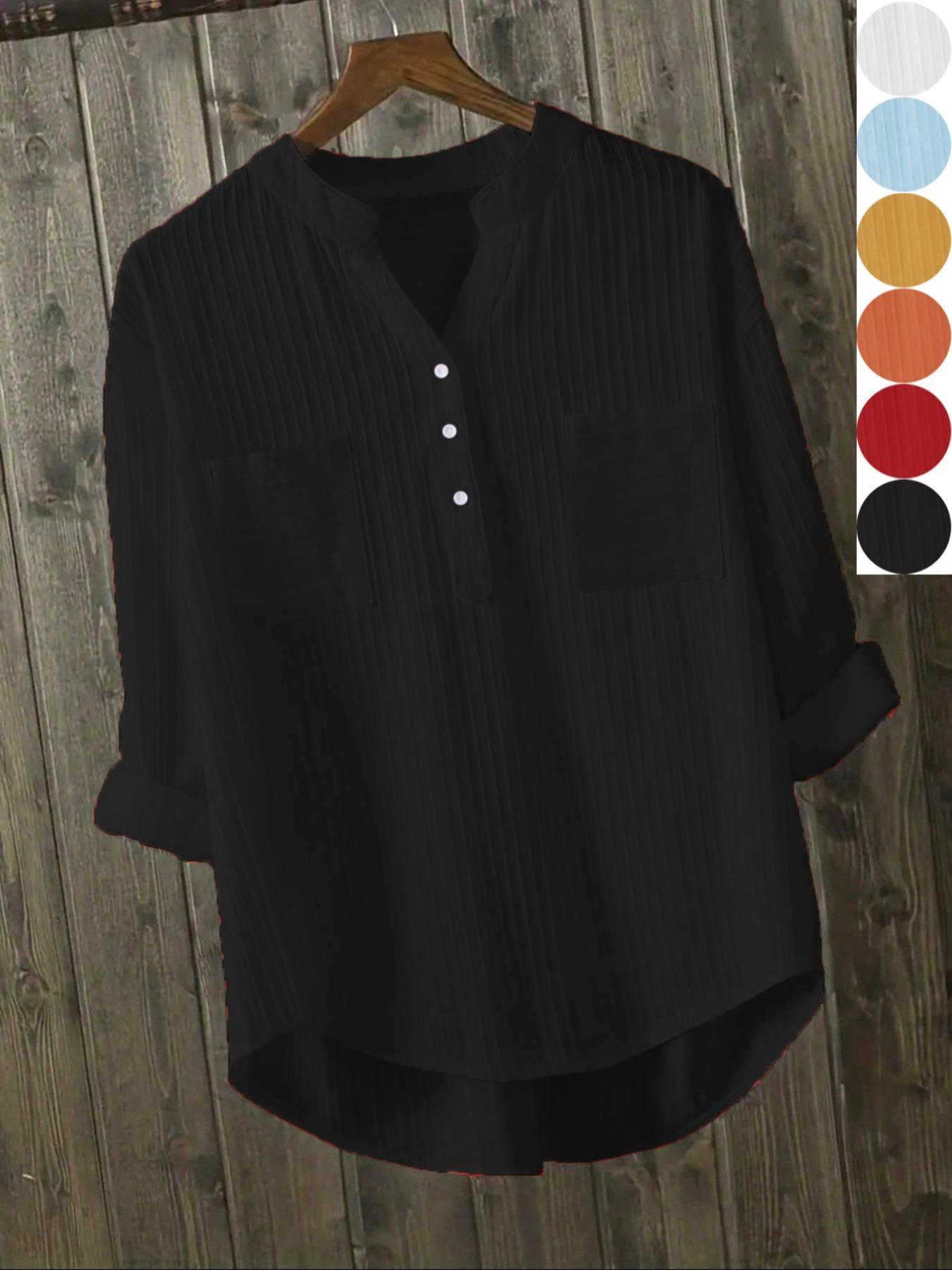 Women's Plain Button Front High Low Hem Shirt Blouse, Casual Long Sleeve Notched Neck Top for Daily Wear, Ladies Clothes for All Seasons