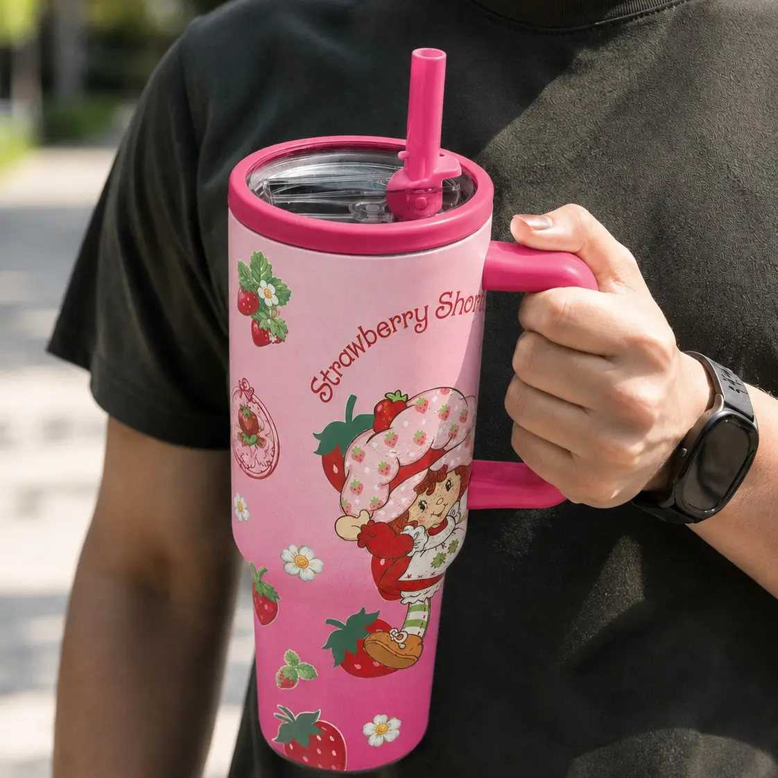1PC 40oz Strawberry Girl Floral Pattern Insulated Tumbler with Handle & Straw, Leak-Proof Lid, Double Wall Vacuum Stainless Steel Travel Mug, Hot 12H Cold 24H, Large Capacity Cup for Men and Women, Birthday Gift Insulated Water Cup