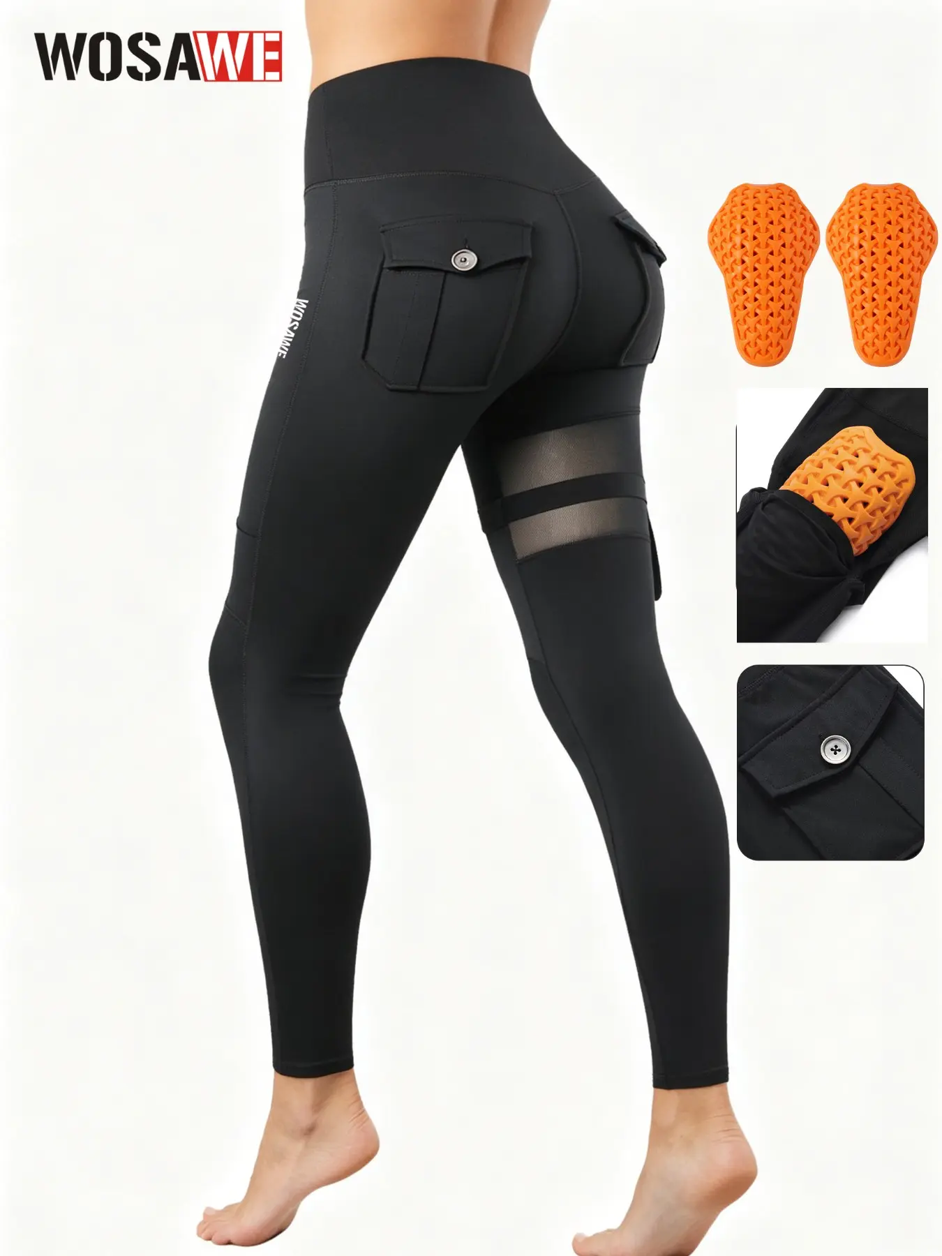WOSAWE Women's High Waist Activewear Motorcycle Yoga Leggings with Removable Knee Pads Butt Lifting Cargo Pants