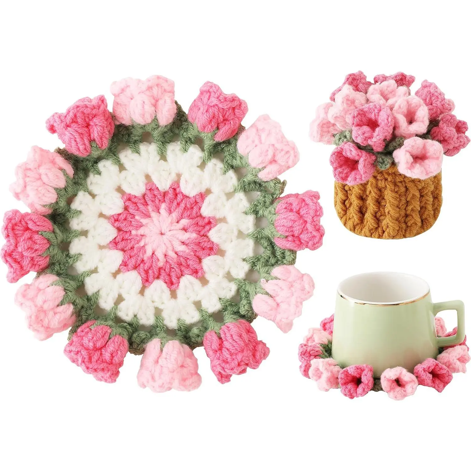 Flower Crochet Coasters, Handmade Bouquet Blanket Coaster with Crochet Plant Pot Fun Soft Decorative Drink Coasters for Coffee Tabletop Protection and Home Decor (Pink, 1Pc)