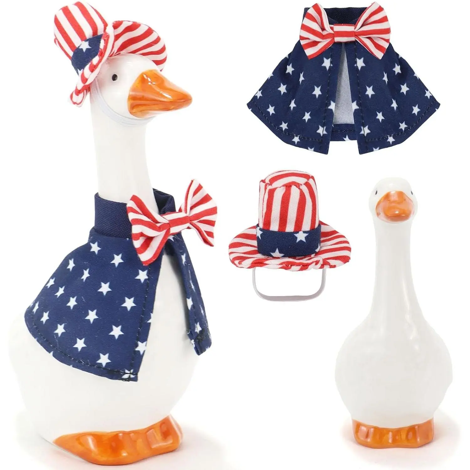 7 Inch Desk Goose with Patriotic Outfits, 4th of July Decoration Ceramic Mini Porch Goose with Top Hat & Stars Outfit, Ideal for Tabletop Home Office Indoor Outdoor Decor