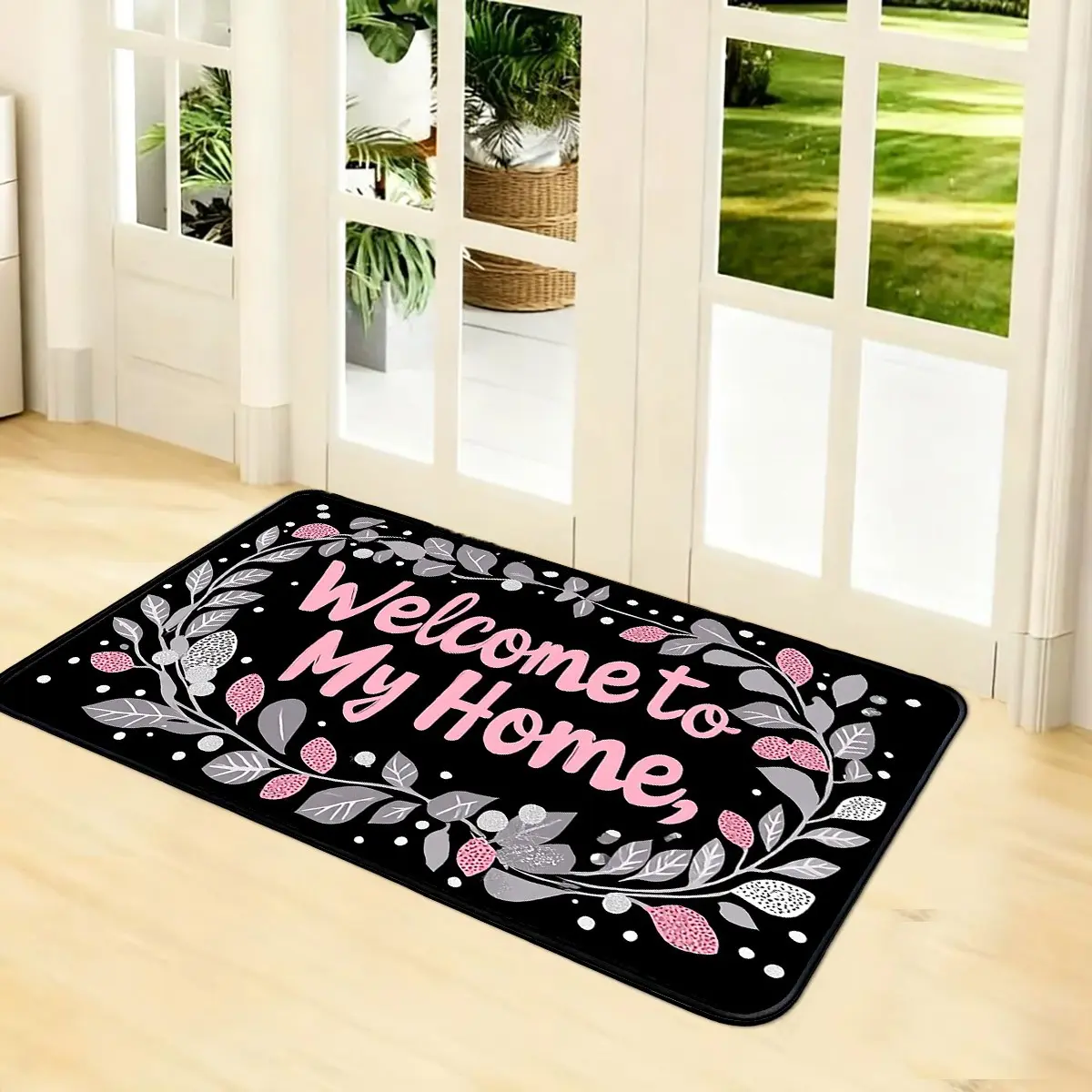 1pc Black Base Pink Wreath WELCOME Entryway Mat, Indoor Welcome Mat, Floral Greeting Door Mat for Entry Door Bathroom Washroom Multiple Scenes, Soft Absorbent & Non-Shedding, Warm Floral Ring Home Gift Idea
