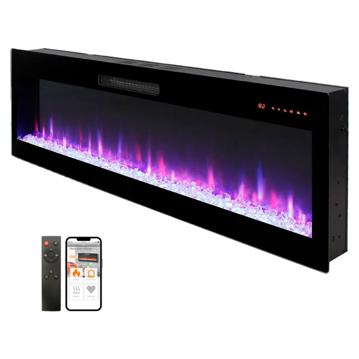 60 in Smart WiFi-Enabled Electric Fireplace Heater with Flame Colors, Adjustable Heat Output, Metal Body - Wall-Mounted and Recessed In-Wall Household Appliance