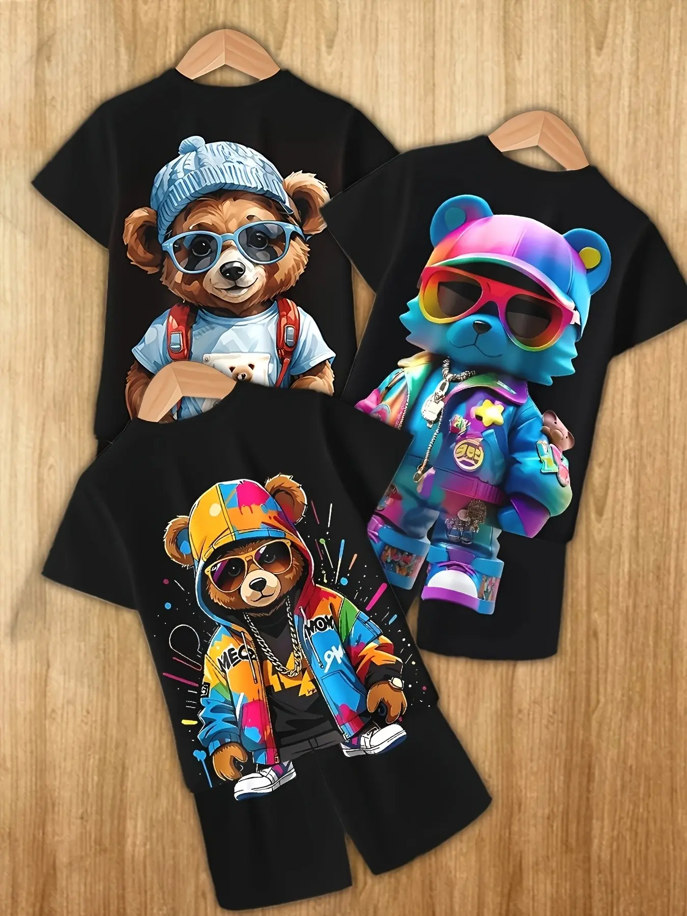 3 Pcs Hip Hop Bear All over Print Short Sleeve T-Shirt Set, Casual Home Wear, Daily Outing, Campus Style, Travel, Running, Vacation
