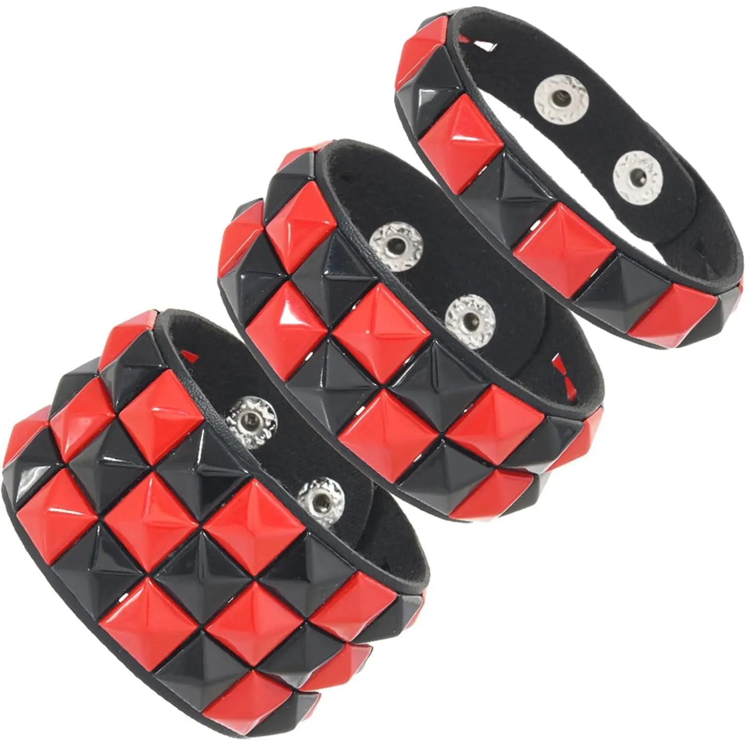 3-Count Black White Checkerboard Bracelet with Pyramid Studs & Snap Closure, Adjustable Fit Punk Gothic Cuff Bangle for Men, Party Accessory Fashion Costume Jewelry, Synthetic Band