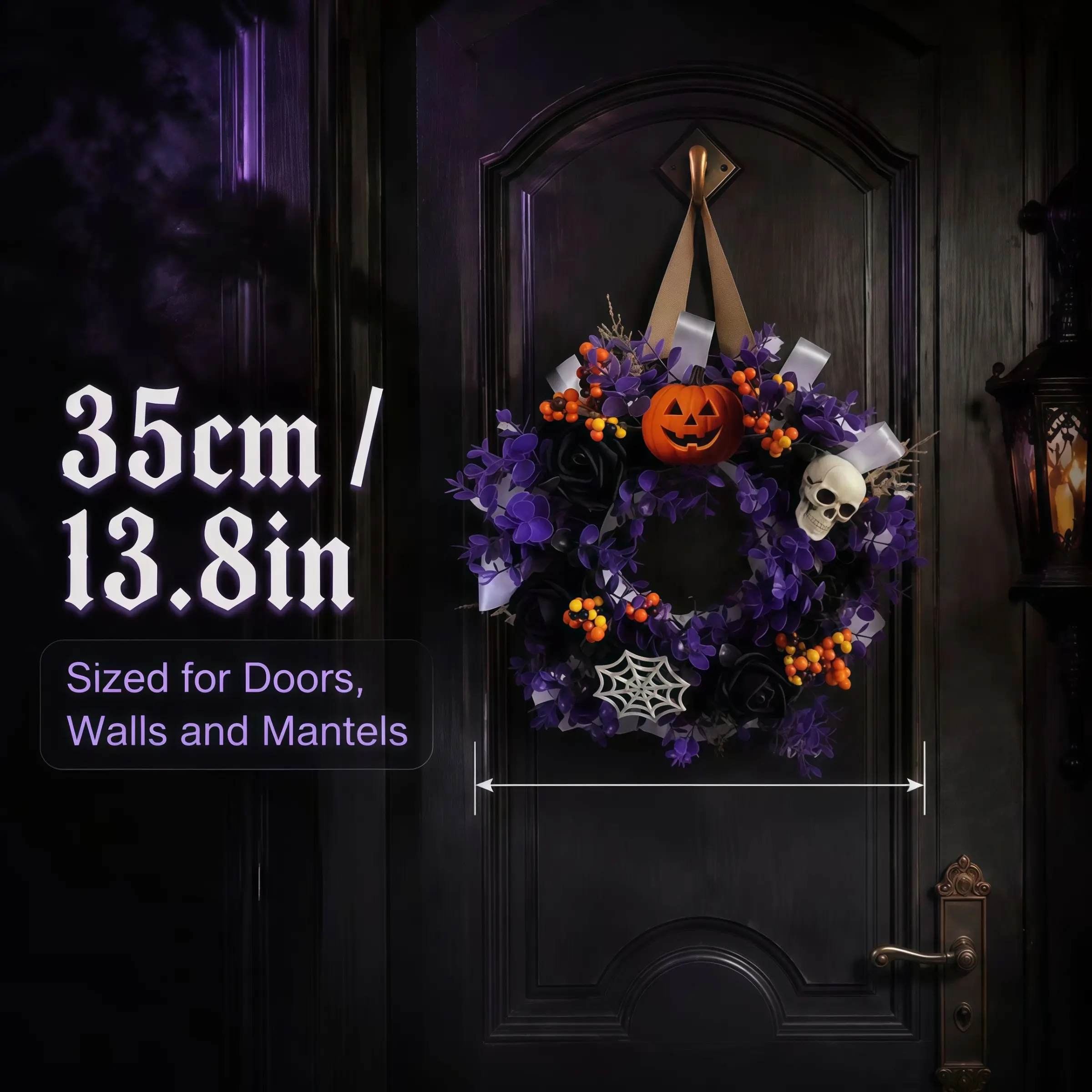 Halloween Gothic Door Wreath, Halloween & Day of the Dead Front Door Hanging Decor, Artificial Black Rose Purple Leaf Wreath with Pumpkin Skull Spiderweb for Entryway Wall Mantel, Halloween Gift for Gothic Lovers