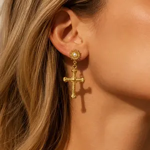 18K  Plated Sunburst  Dangle Earrings for Women – Stainless Steel Pearl Stud Statement Drop Earrings, Hypoallergenic   Jewelry summerwins