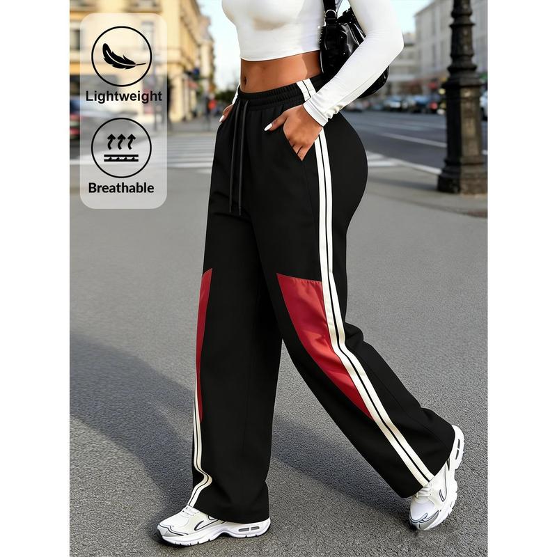 Women’s Y2K Throwback Wide-Leg Sport Pants, Urban Trend-Driven Lightweight Airy Track Bottoms with Dual Side Stripes, Drawstring Waistband, Practical Hand Pockets, Ideal for Running & Relaxed Summer Outings
