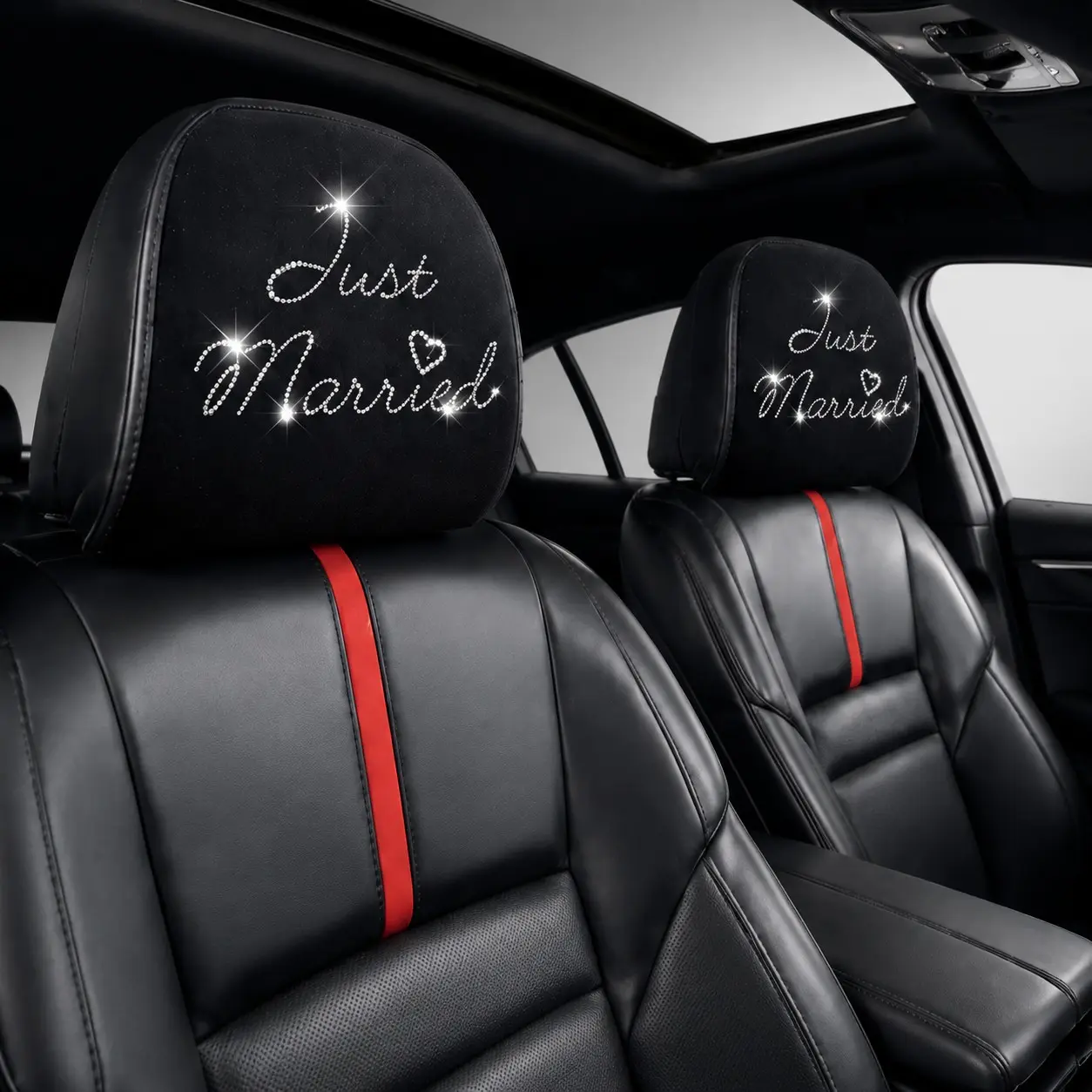 2pcs Sparkly Rhinestone Just Married Car Seat Headrest Covers, Universal Fit for 99% of Car Seats, Dirt-Resistant and Scratch-Proof
