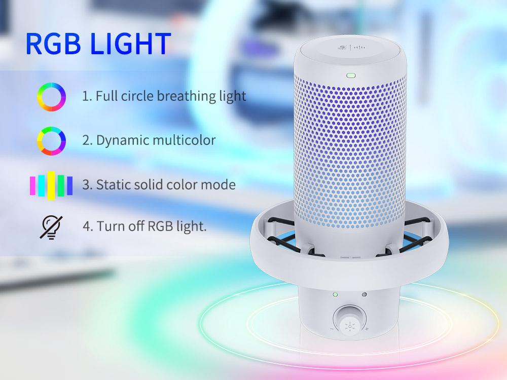 FEELWORLD VM1 White Gaming PC USB Microphone with Boom Arm Stand Noise Cancellation RGB Light Mute for Gamer YouTube Twitch Podcast Streaming Recording Chat PS4 PS5