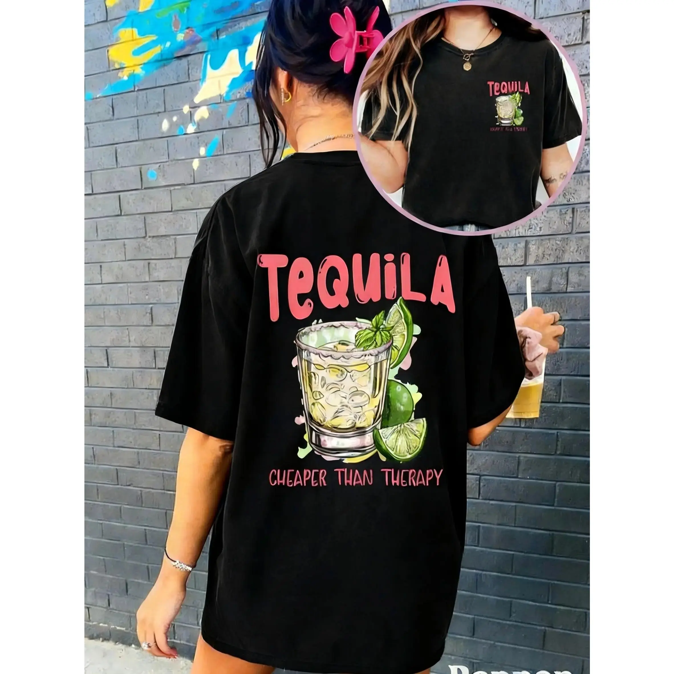[ 100% Cotton]Women's Graphic T-Shirt, Cute 'Tequila is Cheaper Than Therapy' Funny Letter Print Top, Comfortable Cotton Blend for Everyday Wear