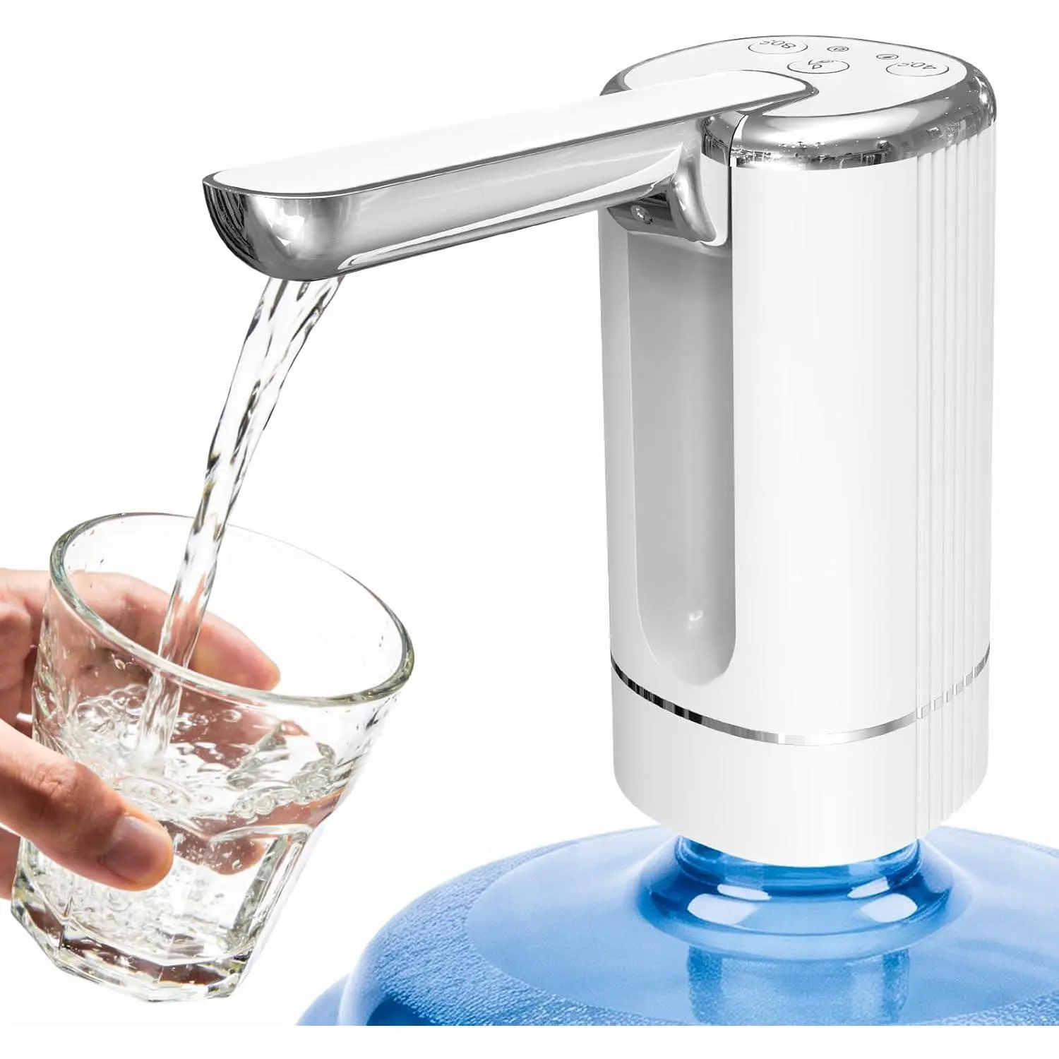 Water Dispenser Pump for 5 Gallon Water Bottles, USB Type-C Rechargeable with 1200mAh , Foldable Spout, - Control (40s/80s),  Suction for , Office, Camping - White