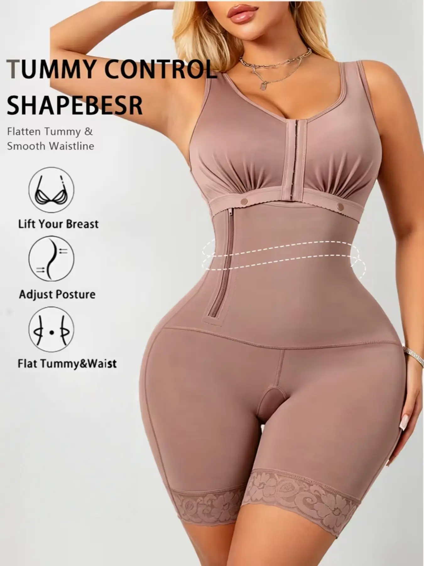 1 Count Women's Lace Trim Thigh Compression Jumpsuit, Colombian Shapewear, Fajas, Zipper & Hook Closure Bodysuit, High Compression Tummy Control & Butt Lifting Shapewear, Sleeveless Full Body Shaper, Perfect For Fashionable Outings & Daily Style
