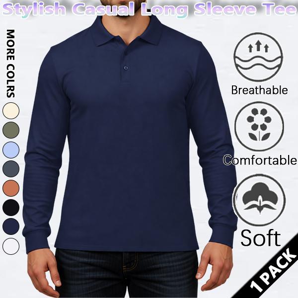 Men's Fitness All-Season Comfortable T-Shirt, Versatile Long-Sleeve Polo Shirt, Lapel Collar, Casual, Elastic, Solid Color, Slim Fit, Wrinkle-Free, Breathable, Figure-Flattering