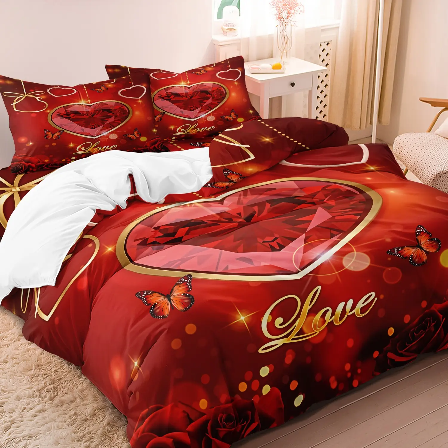 Red Background Diamond Heart Rose Butterfly 3 Pieces Duvet Cover Set, Romantic Golden Love Letter Print Comfy Bedding Set , Soft Microfiber  Aesthetic Bedding Decor for Women Couples(1 Duvet Cover + 2 Pillowcases No Comforter No Pillow)