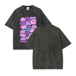 Acid Washed Oversized Y2K Graphic T-Shirt, Multi Shades Blob Creature Grid Print Tee, Cute Cartoon Street Outfit, Vintage Grunge Streetwear, 100% Cotton Unisex Short Sleeve Shirt