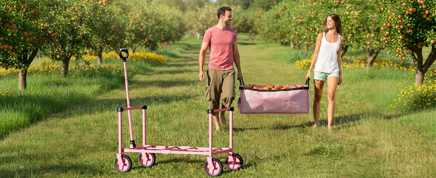 Collapsible Wagon Cart with Wheels, 150L Lightweight Foldable Cart, Rolling Wagon for, Shopping, Sports, Camping, Transport, Pink