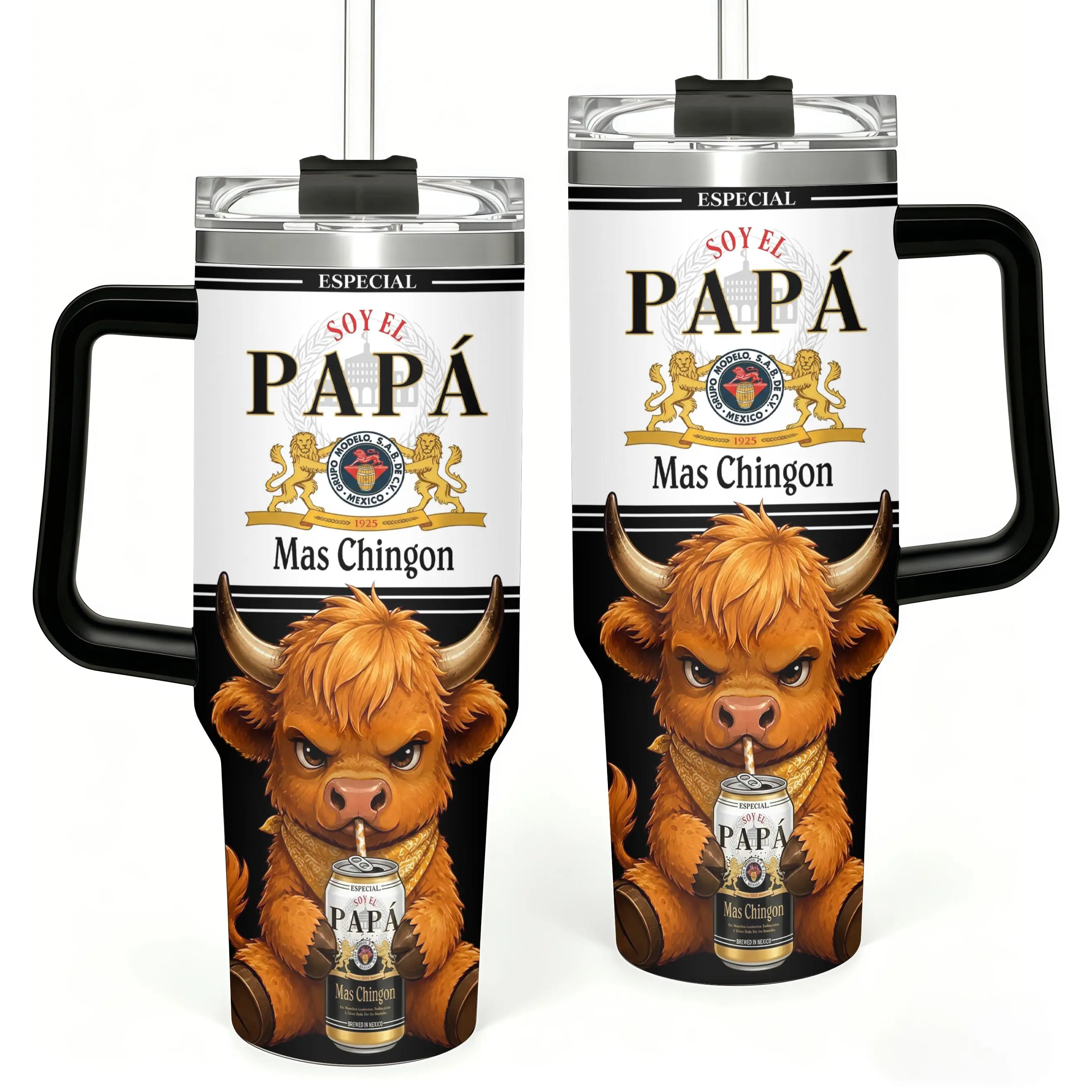 Soy El Papa Mas Chingon Tumbler with Handle, Mexican Beer Aesthetic Cup, Angry Highland Cow Travel Mug, Father's Day Gift for Latino Dad, Birthday Gift for Husband, 40oz Stainless Steel Tumbler