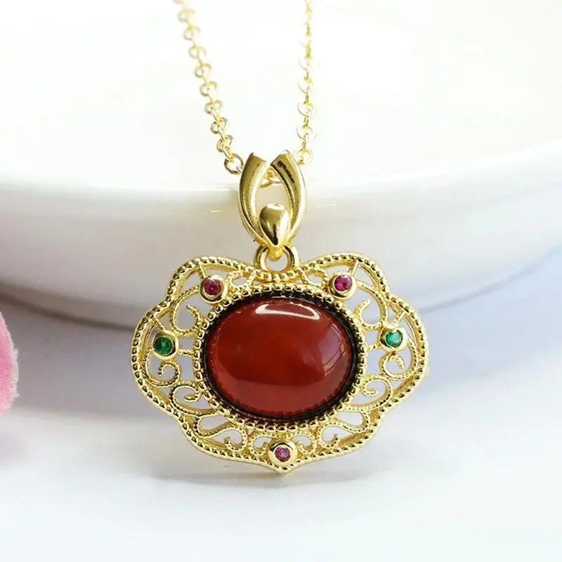 Natural Amber Blood Amber Pendant Necklace Elegant Geometric Design for Women Handmade Jewelry Festive Style Gift for Her
