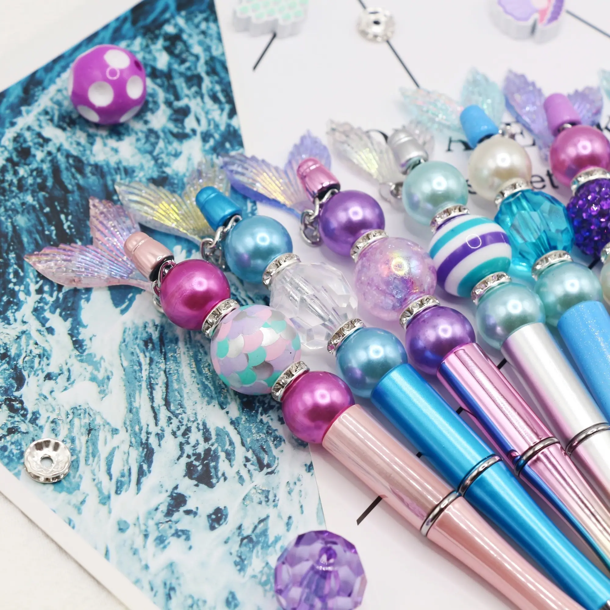 8pcs DIY Bead Pen Set, Blue Mermaid Acrylic Beaded Pens, Office Stationery Gift, Creative Writing Tools, Perfect for Crafting Enthusiasts