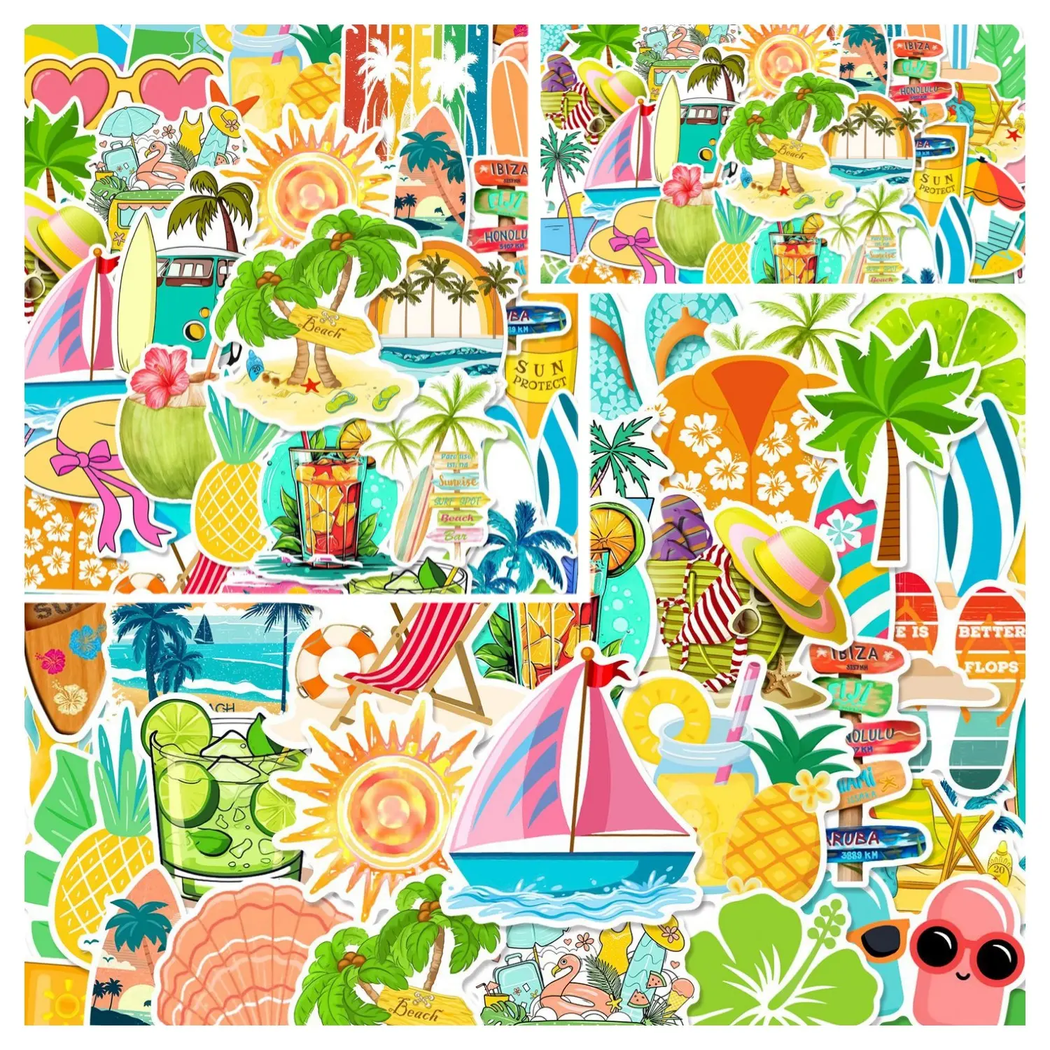 50pcs Summer Beach Vacation Doodle Stickers - Faith-Based Designs with Positive Messages; Suitable for Scrapbooks, Journals, Laptops, Water Bottles, Cars, Etc. - A Gift-Ready Set