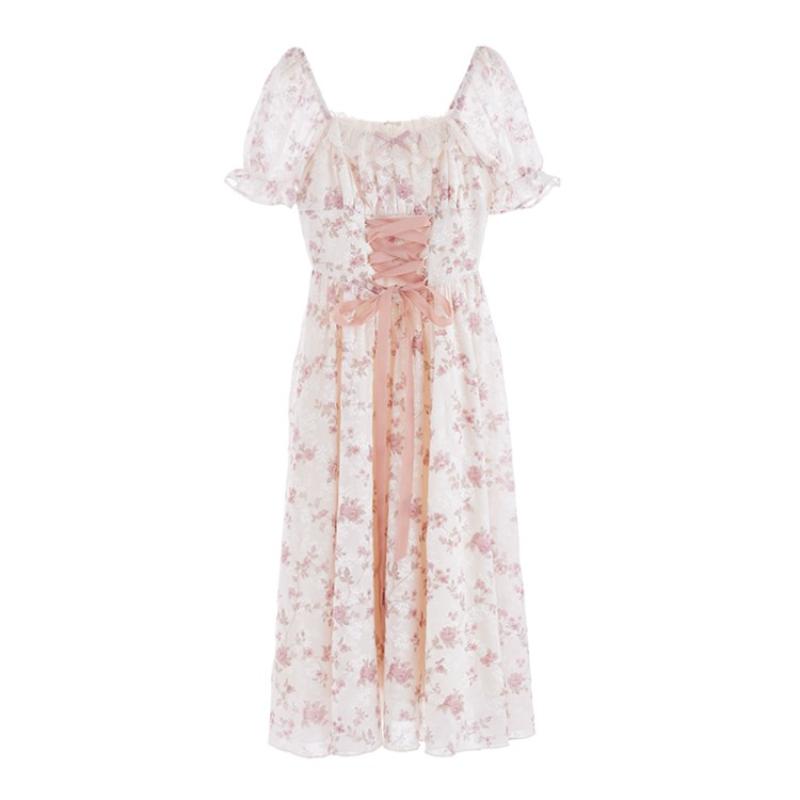 Summer Korean Fashion Lace Fairy Dress Women Square Collar Princess Kawaii Floral Print Dress Female Bandage Sweet Dress 2026 Summer Korean Fashion Lace Fairy Dress Women Square Collar Princess Kawaii Floral Print Dress Female Bandage Sweet Dress 2026